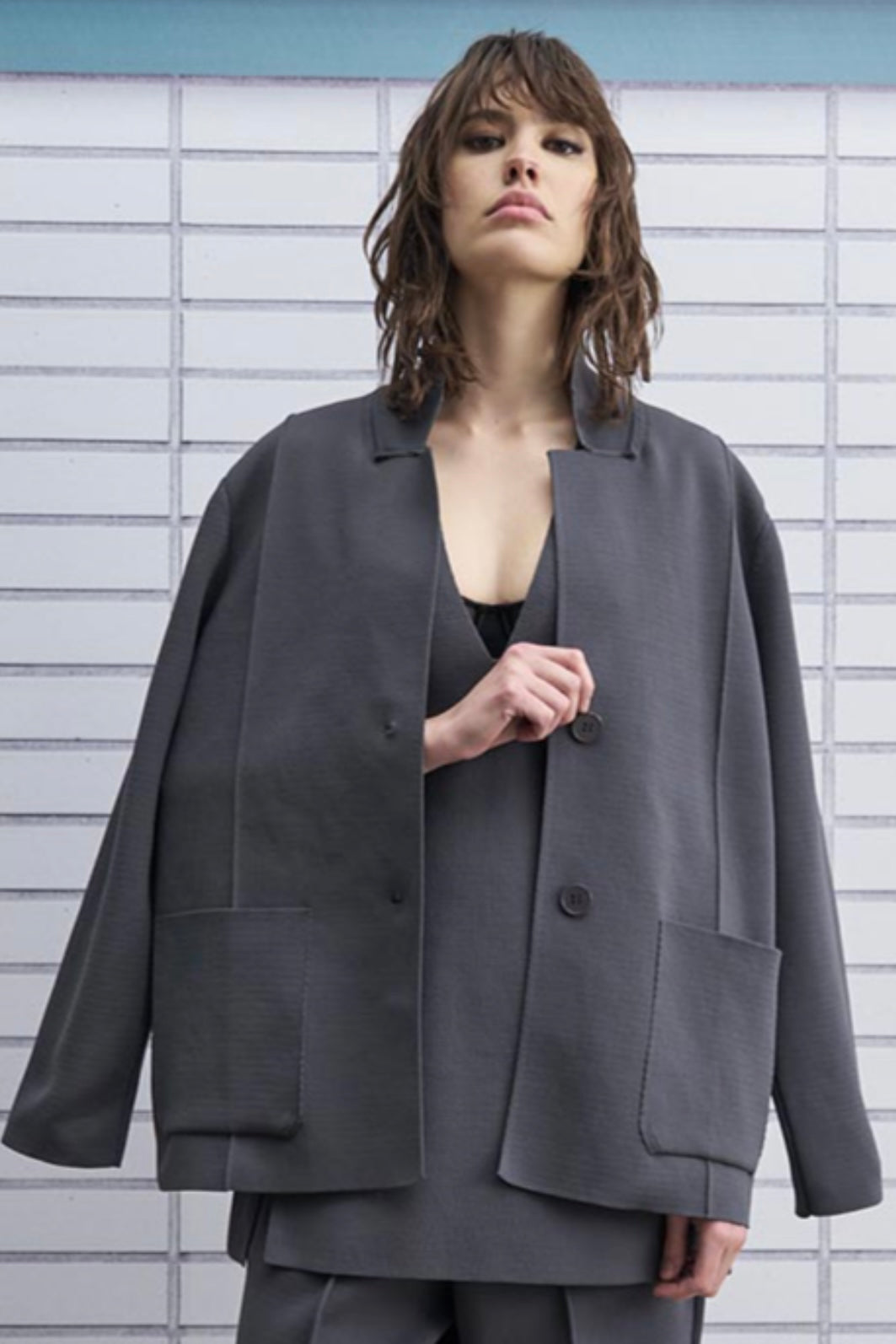 Tailor Made - Oversized Πλεκτή Ζακέτα Γκρι