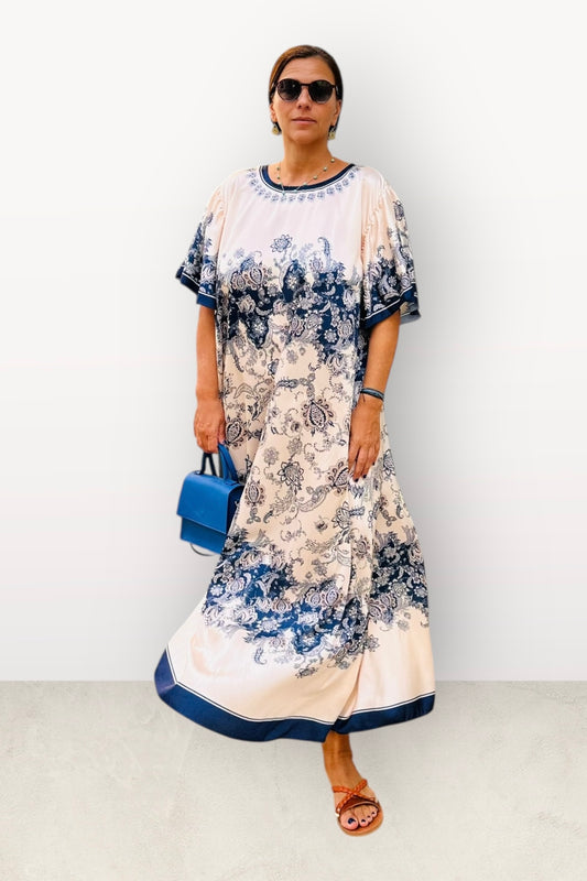 Σατέν Oversized Μακρύ Φόρεμα Με Λουλούδια & Κοντό Μανίκι