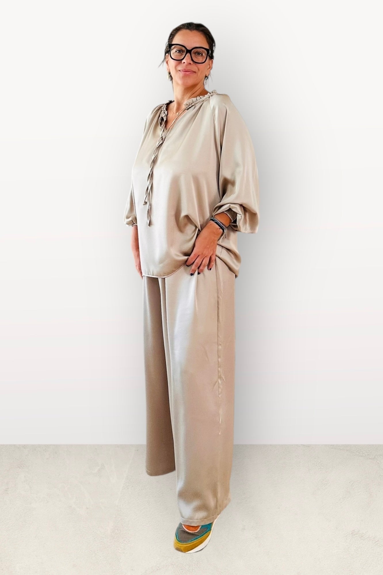 Charizma - Σετ Αέρινη Μπλουζα & Παντελόνα Σατέν Μπεζ