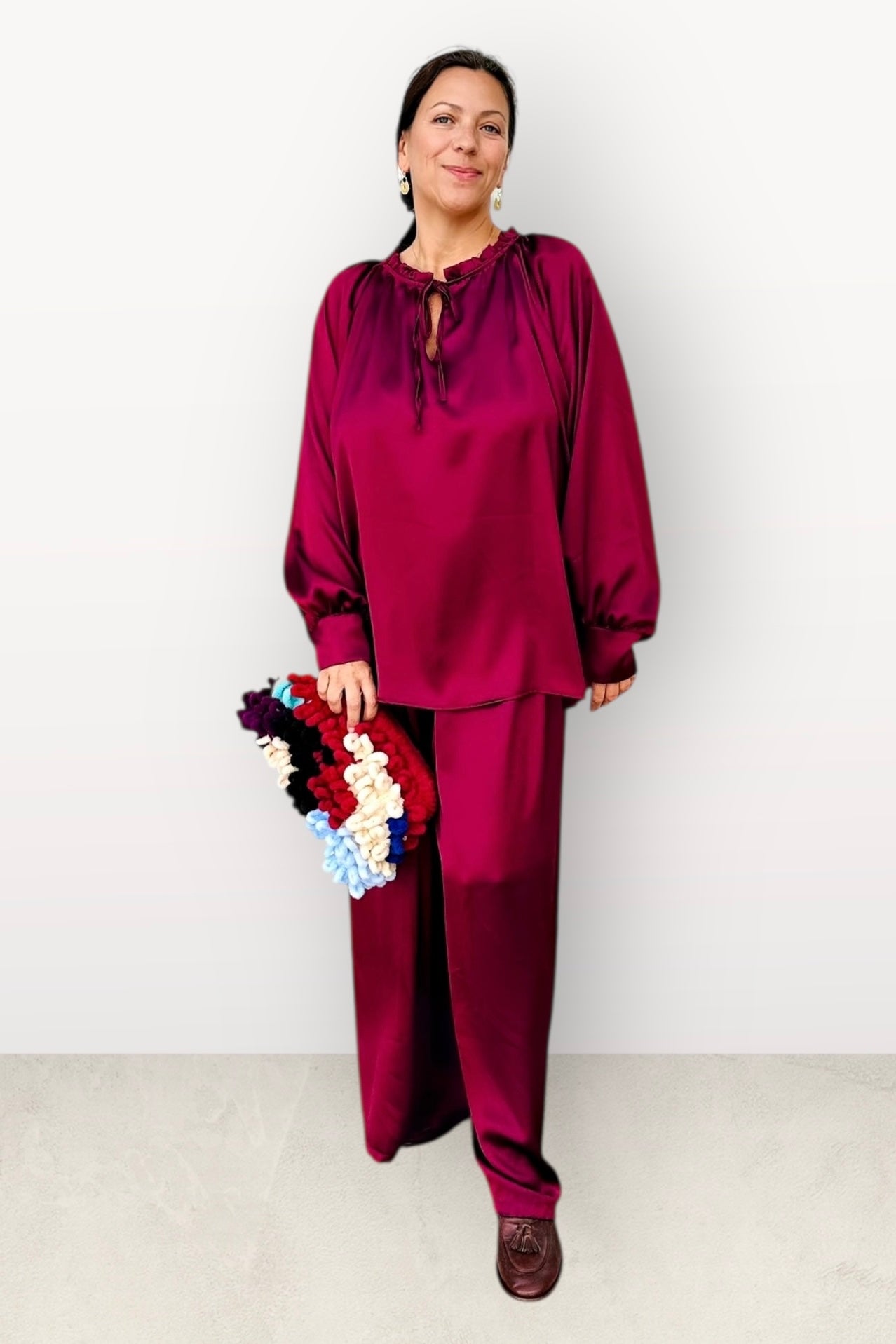 Charizma - Σετ Αέρινη Μπλουζα & Παντελόνα Σατέν Μπορντό