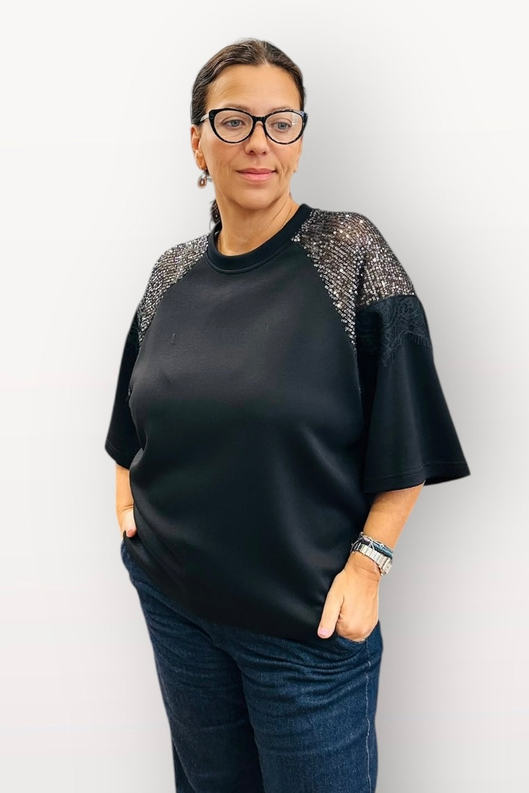 Figaro - Μπλούζα με Δαντέλα & Παγιέτα στους Ώμους Μαύρη