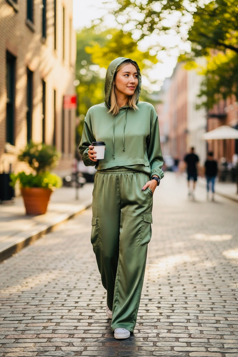 Cache Cache - Σετ Μπλούζα Σατέν Με Κουκούλα & Παντελόνα Με Τσέπες Khaki