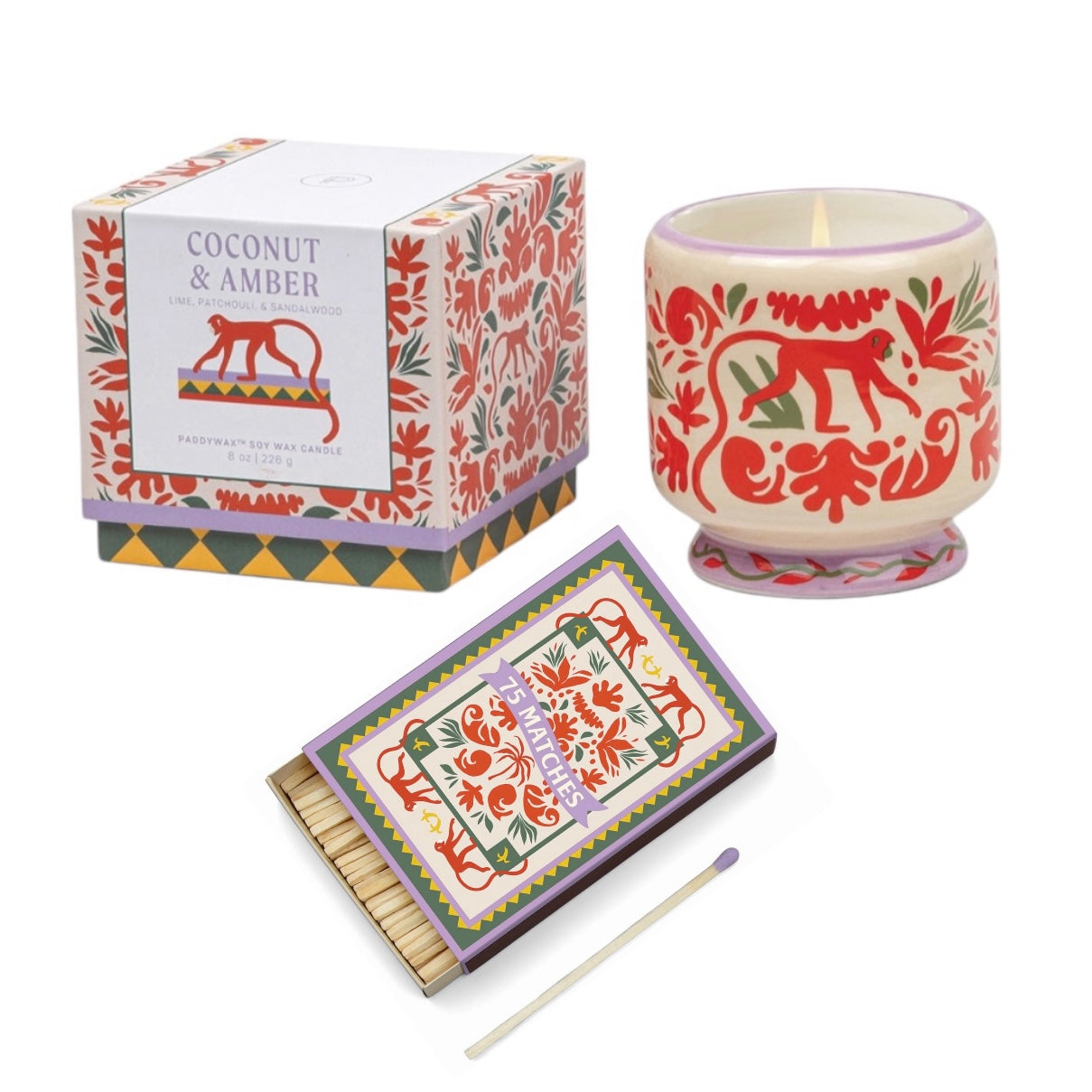 Paddywax Adopo Jungle - Κεραμικό κερί σόγιας, Coconut & Amber 226gr & Σπίρτα 75 τεμ