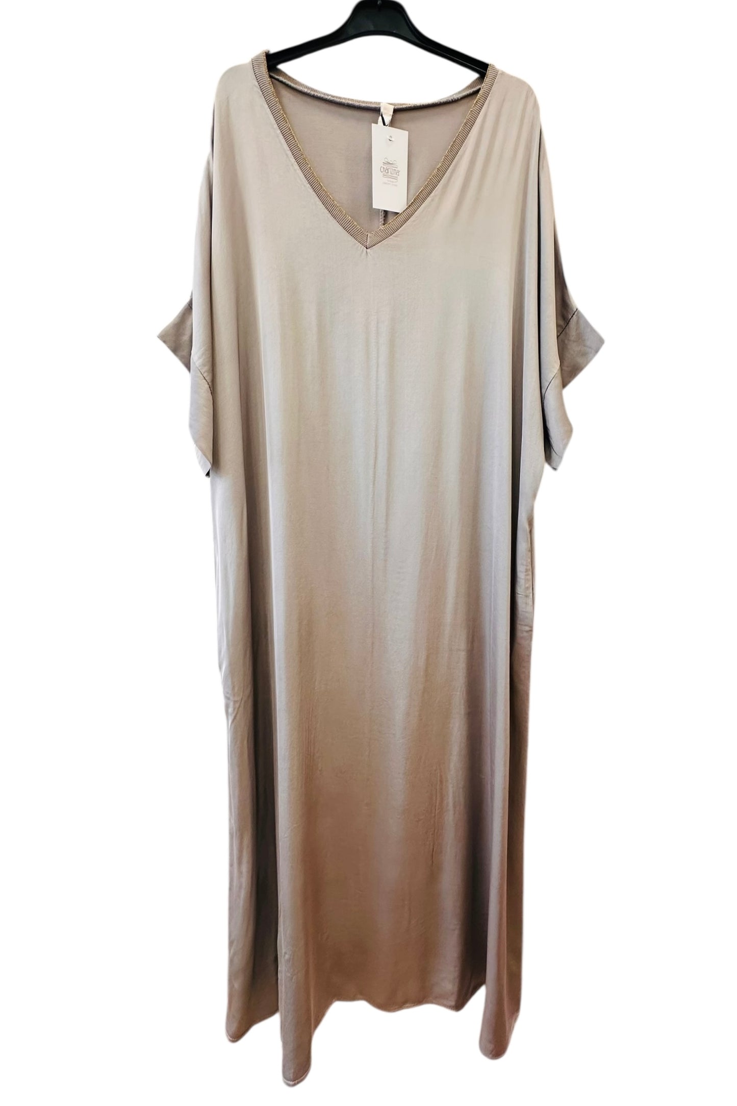 Σατέν Oversized Μακρύ Φόρεμα Με V  & Κοντό Μανίκι