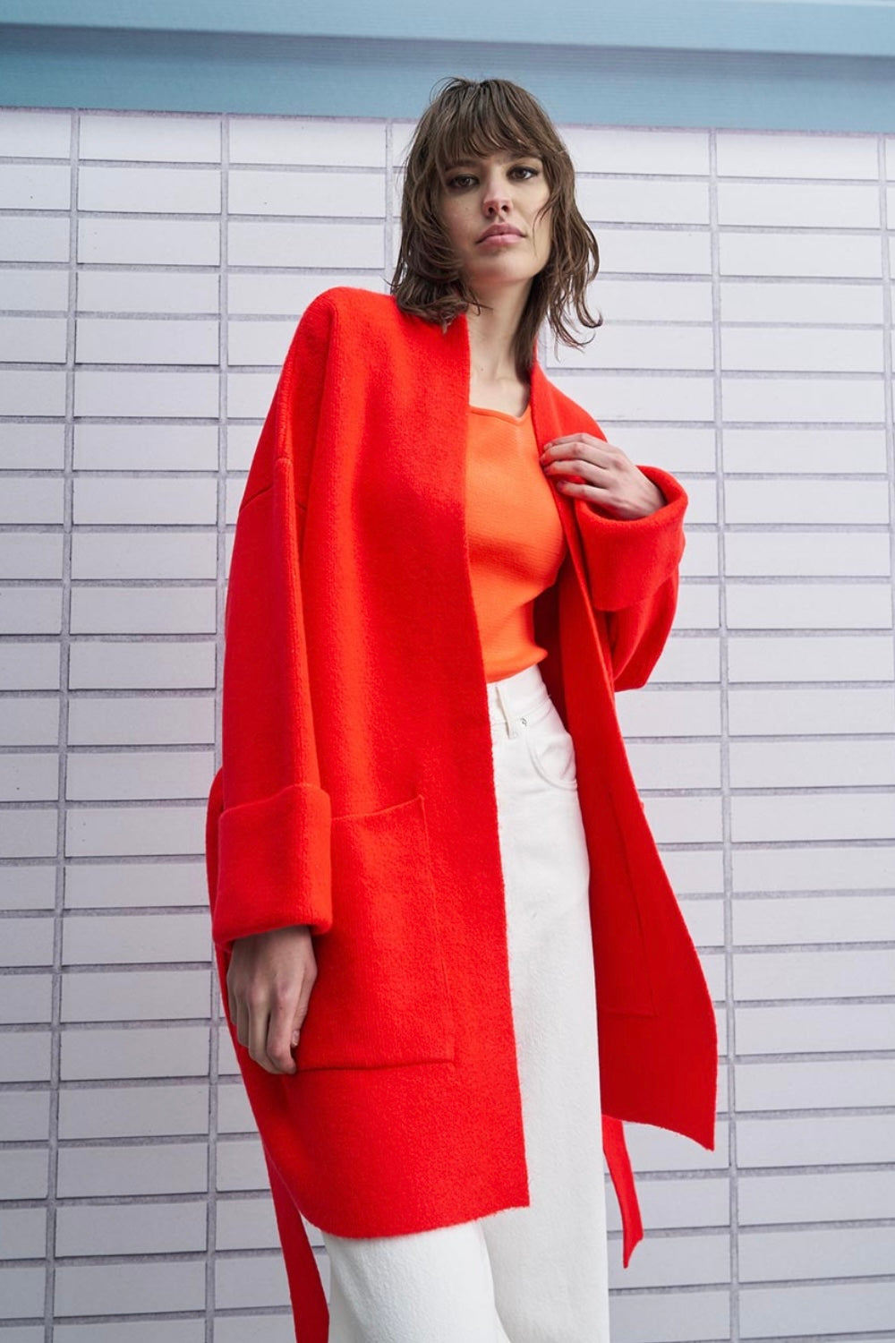 Tailor Made - Oversized Ζακέτα Με Τσέπες Και Ζώνη Κόκκινη