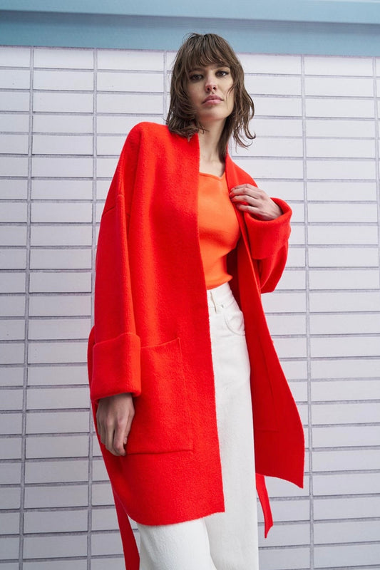 Tailor Made - Oversized Ζακέτα Με Τσέπες Και Ζώνη Κόκκινη