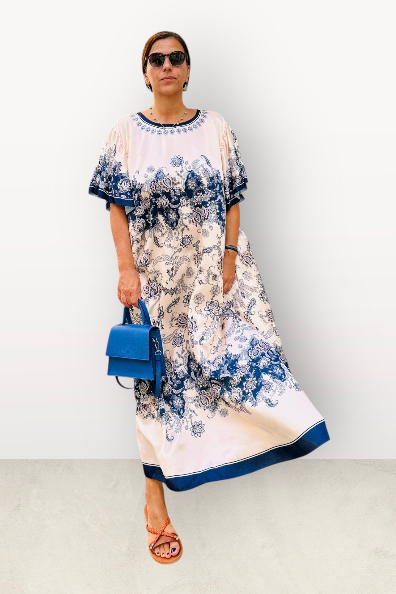 Σατέν Oversized Μακρύ Φόρεμα Με Λουλούδια & Κοντό Μανίκι