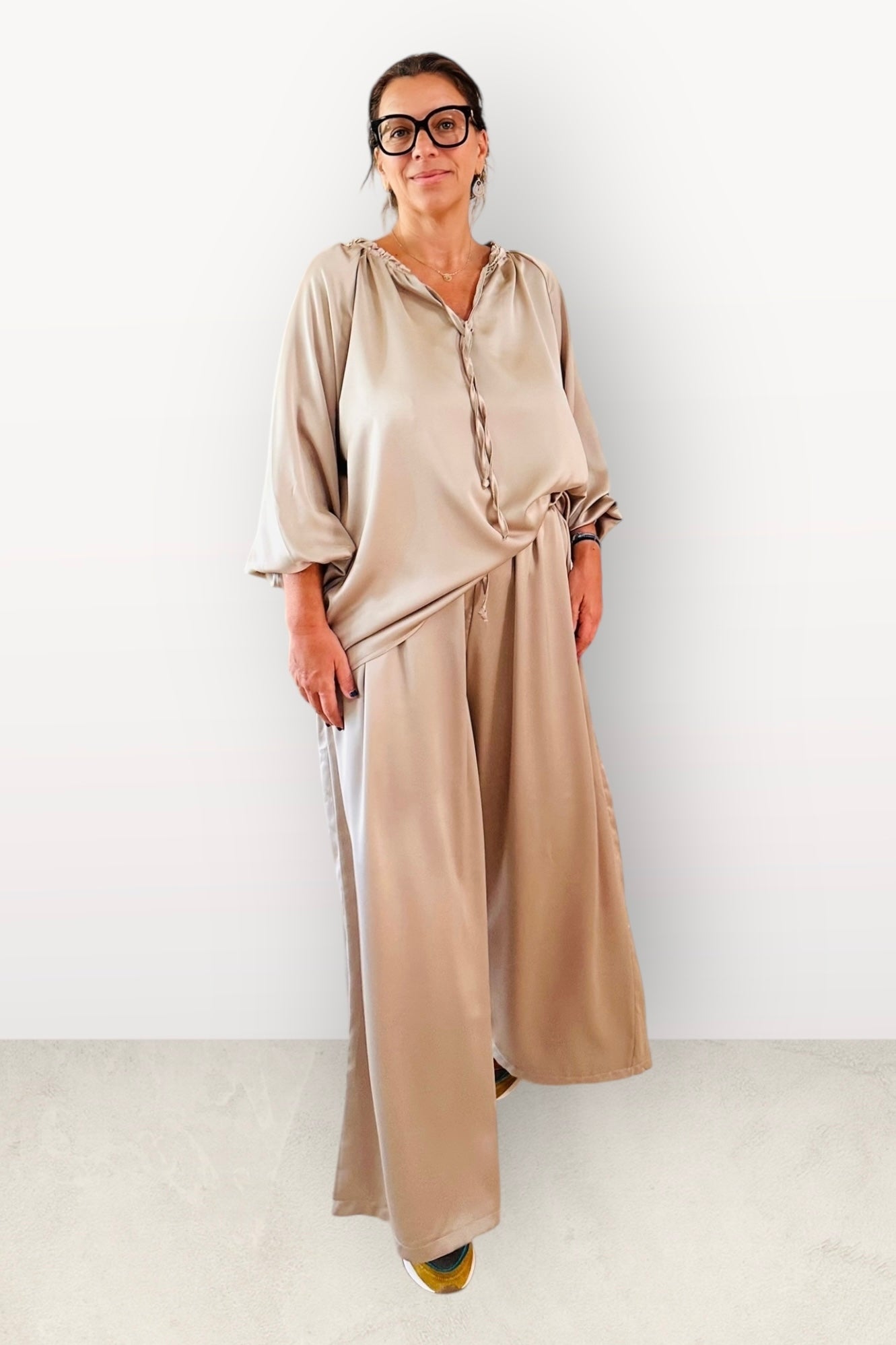 Charizma - Σετ Αέρινη Μπλουζα & Παντελόνα Σατέν Μπεζ