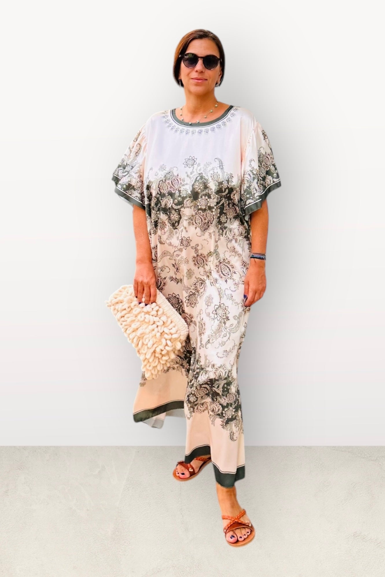 Σατέν Oversized Μακρύ Φόρεμα Με Λουλούδια & Κοντό Μανίκι