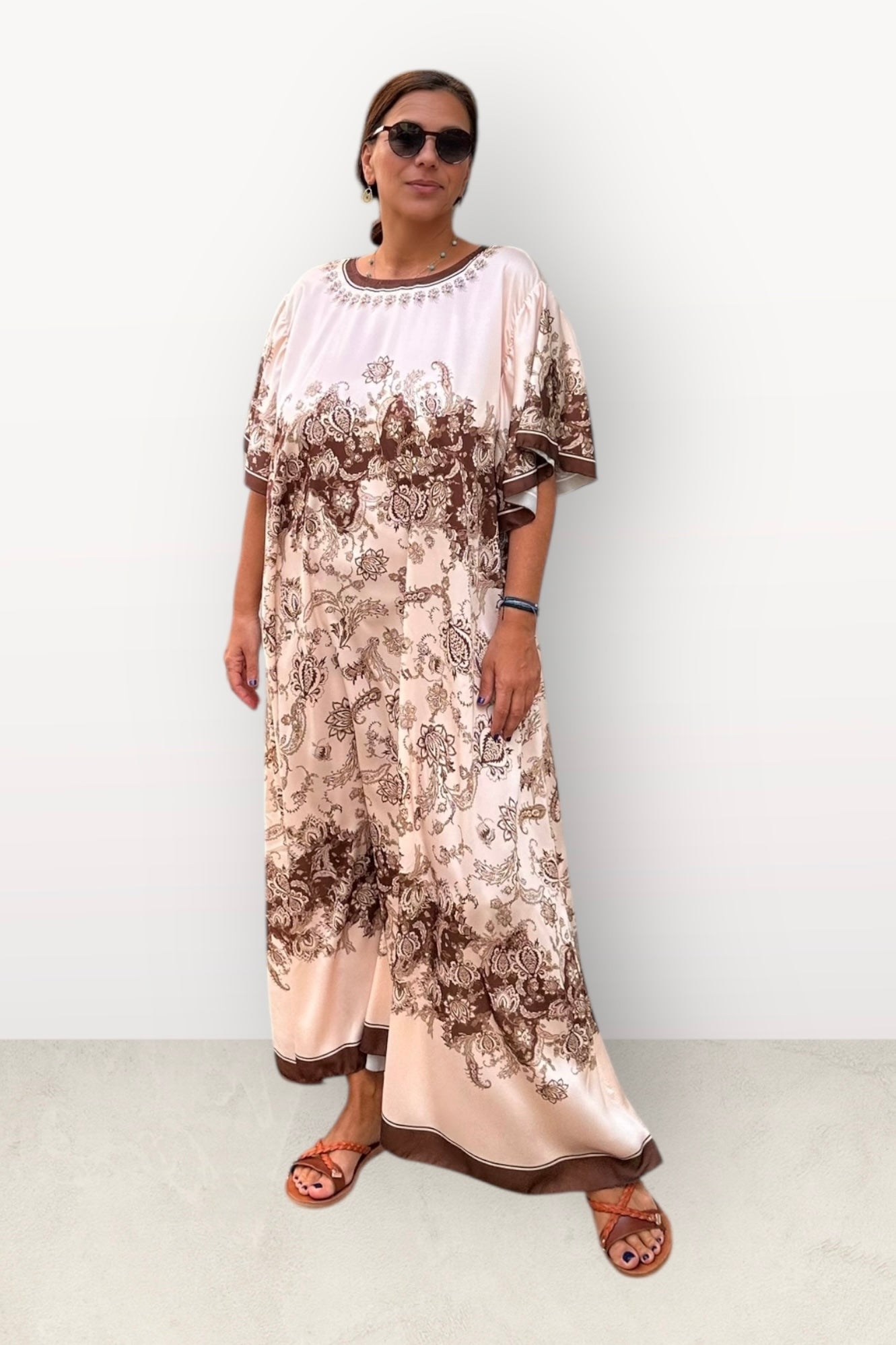 Σατέν Oversized Μακρύ Φόρεμα Με Λουλούδια & Κοντό Μανίκι