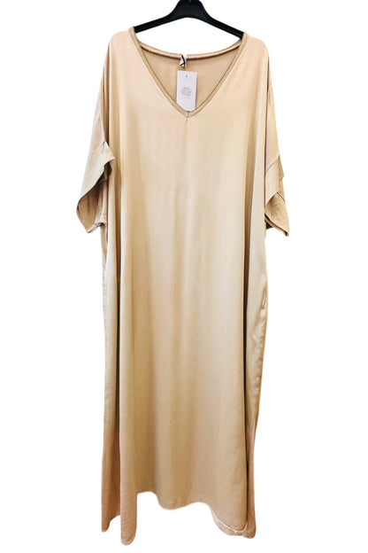 Σατέν Oversized Μακρύ Φόρεμα Με V  & Κοντό Μανίκι Ροζ