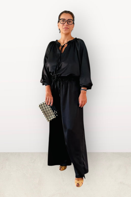 Charizma - Σετ Αέρινη Μπλουζα & Παντελόνα Σατέν Μαύρο