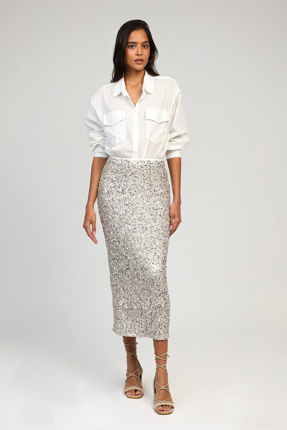 An'ge Juryly -Γυναικεία Φούστα με Πούλιες, Παγιέτες Λευκή