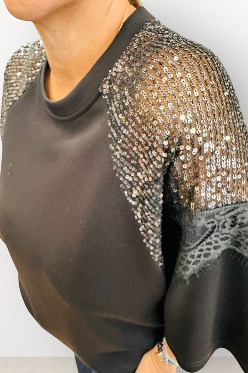 Figaro - Μπλούζα με Δαντέλα & Παγιέτα στους Ώμους Μαύρη