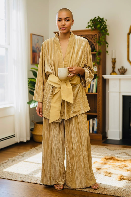 Charizma - Σετ Crushed Velvet με Ζώνη Σατέν & Φαρδιά Παντελόνα Μπεζ