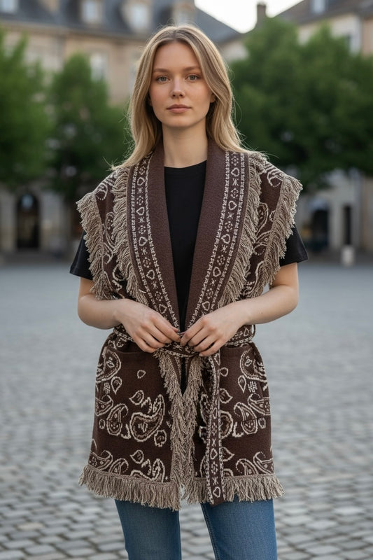 Orlinn - Αμάνικη Ζακέτα Boho Chic με Κρόσσια & Ζώνη Καφέ