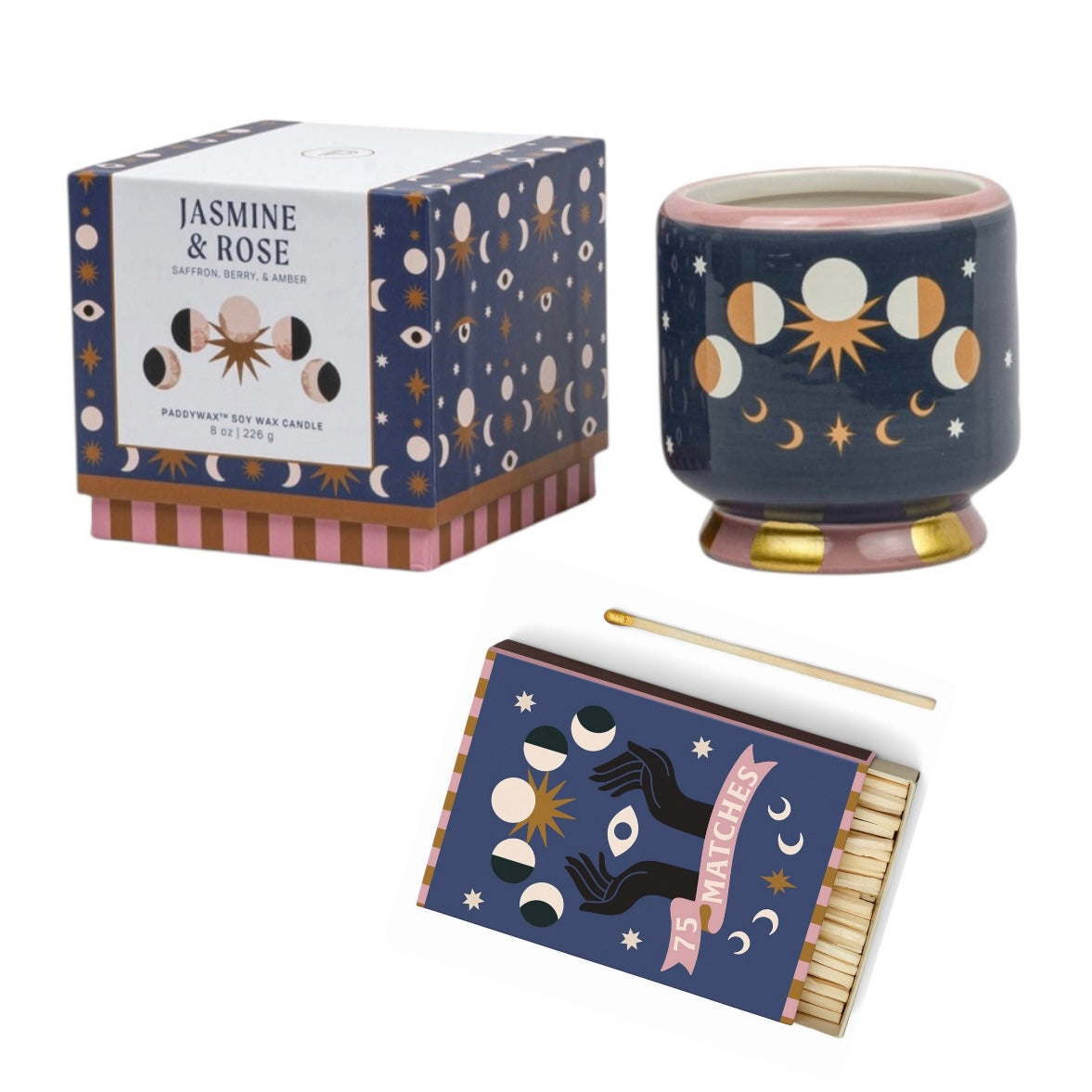 Paddywax A dopo  Moon Phases - Κεραμικό κερί σόγιας, Jasmine & Rose 226gr & Σπίρτα 75 τεμ
