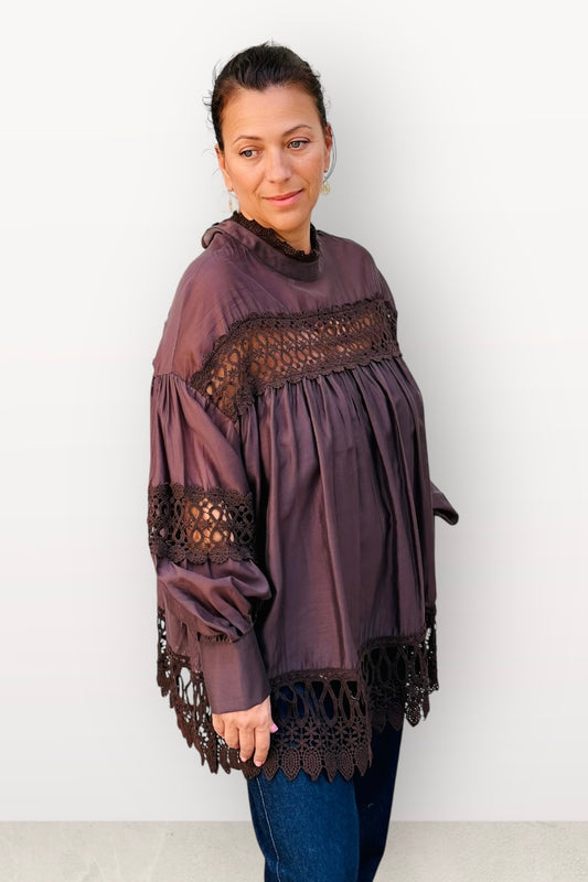 Μπλούζα - Πουκάμισο Καφέ Με Δαντέλα