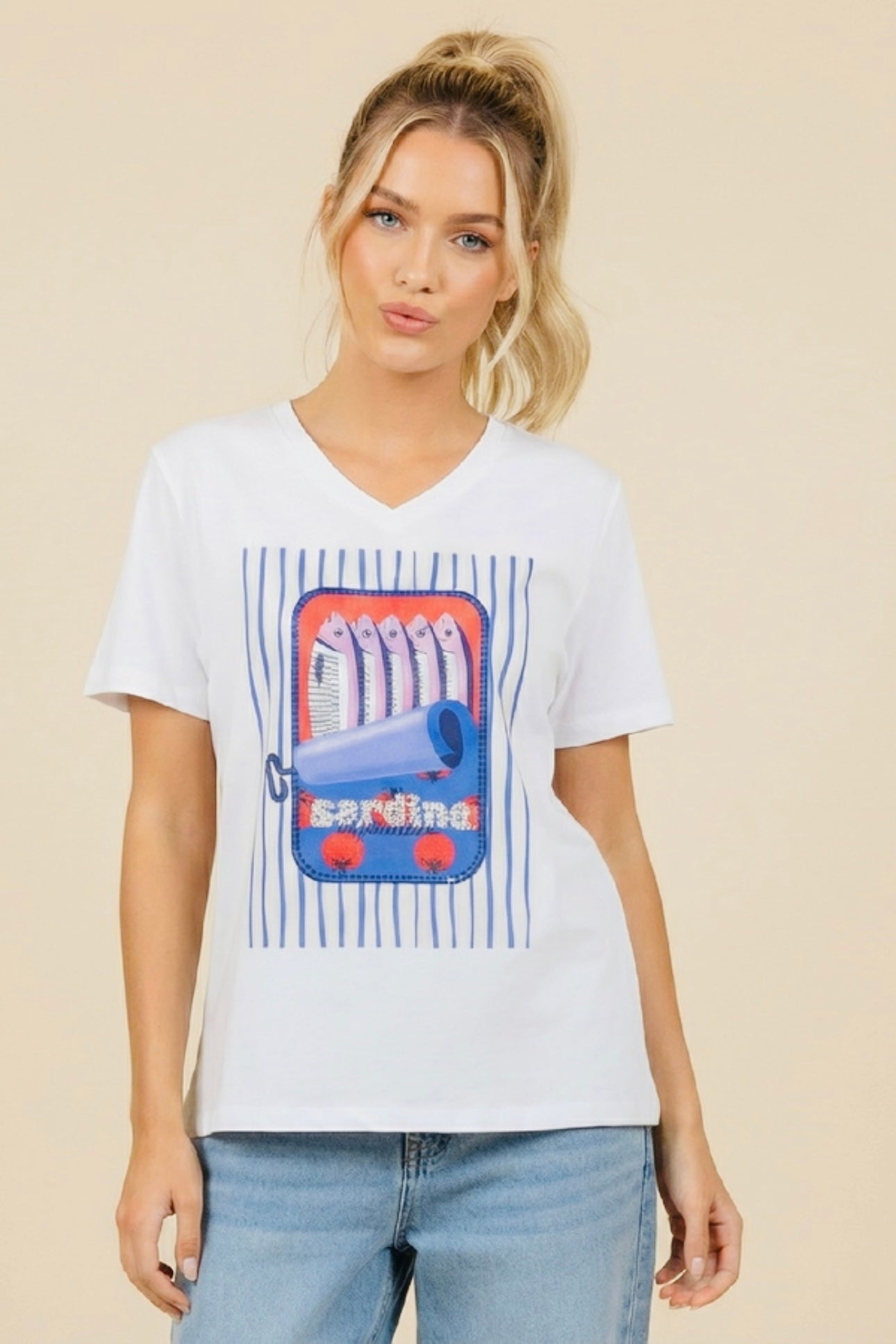 Unitee - Λευκό Μακό T-shirt με Στάμπα «Sardine al Pomodoro»