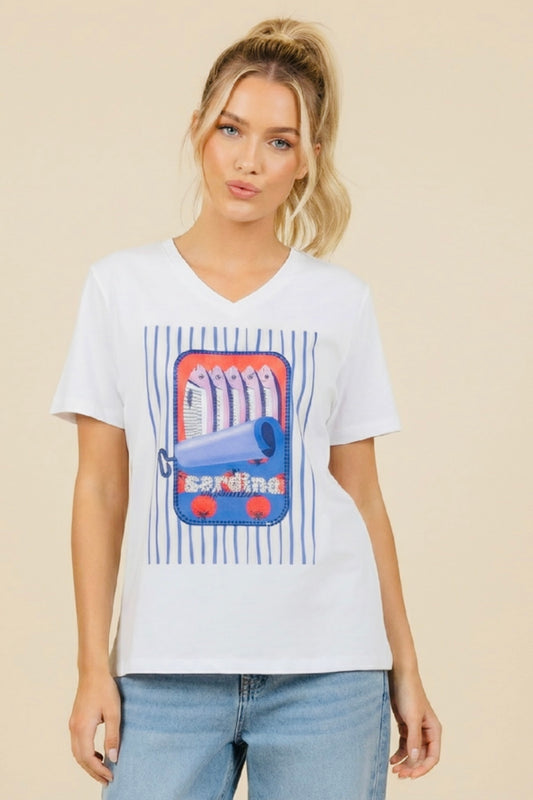 Unitee - Λευκό Μακό T-shirt με Στάμπα «Sardine al Pomodoro»