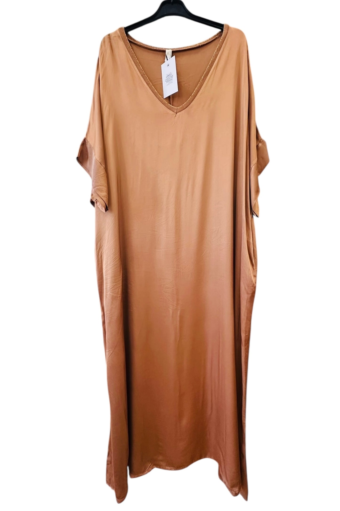 Σατέν Oversized Μακρύ Φόρεμα Με V  & Κοντό Μανίκι