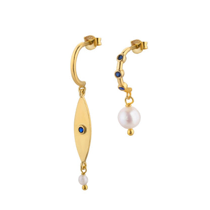 Dora Syrrou - Σκουλαρίκια Επίχρυσα Μάτι Με Μαργαριτάρια Μπλε