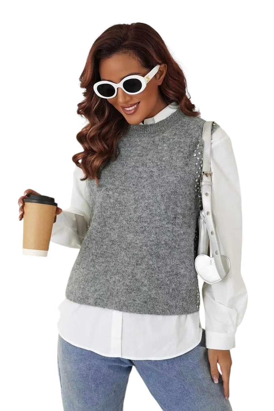 Charizma - Λευκό Πουκάμισο με Μάλλινο Γιλέκο Διακοσμημένο με Στρας