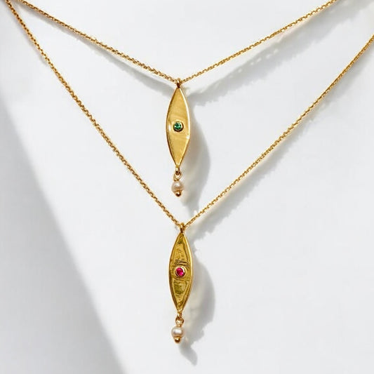 Dora Syrrou - Κολιέ Μοτίφ Επίχρυσο “Eye” με Μαργαριτάρι κ Αχάτη