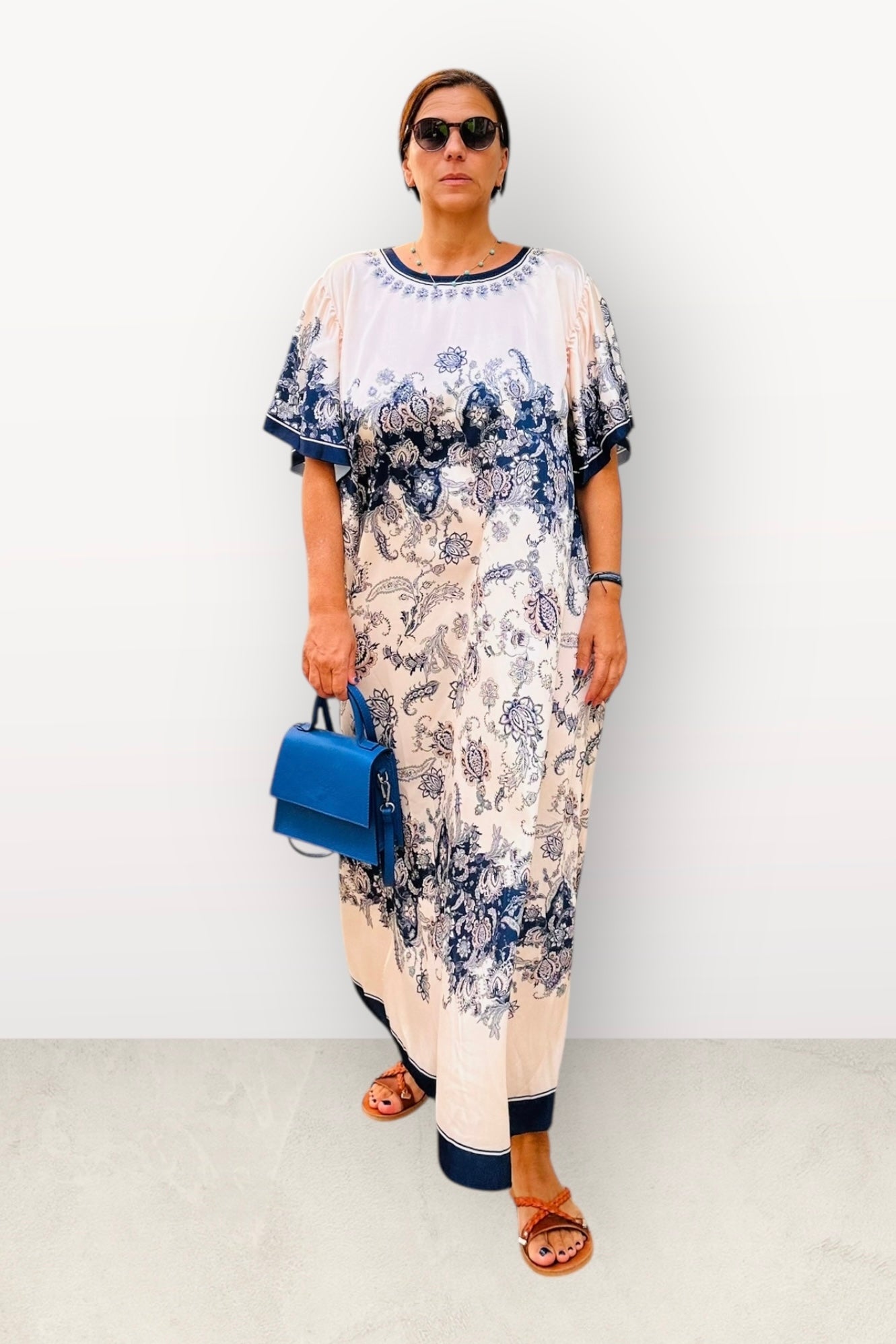 Σατέν Oversized Μακρύ Φόρεμα Με Λουλούδια & Κοντό Μανίκι