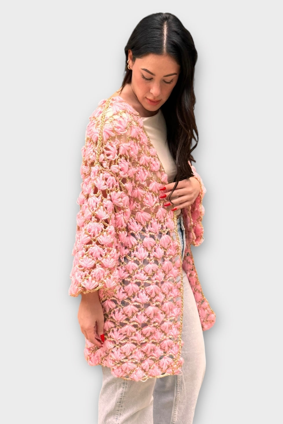 Πλέκτη Ζακέτα Χειροποίητη Ροζ Χρυσό