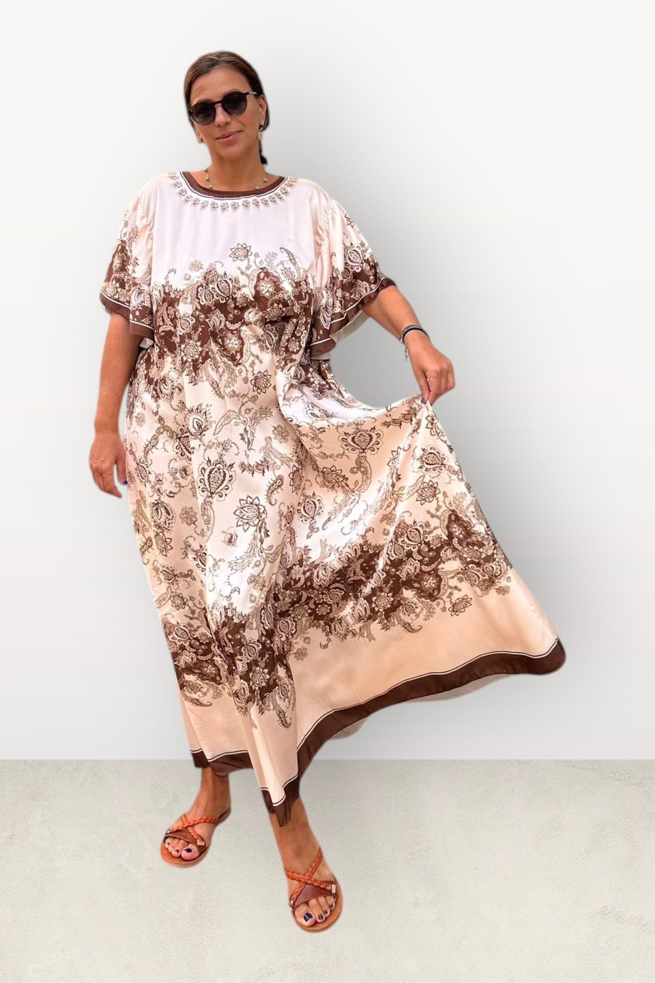 Σατέν Oversized Μακρύ Φόρεμα Με Λουλούδια & Κοντό Μανίκι