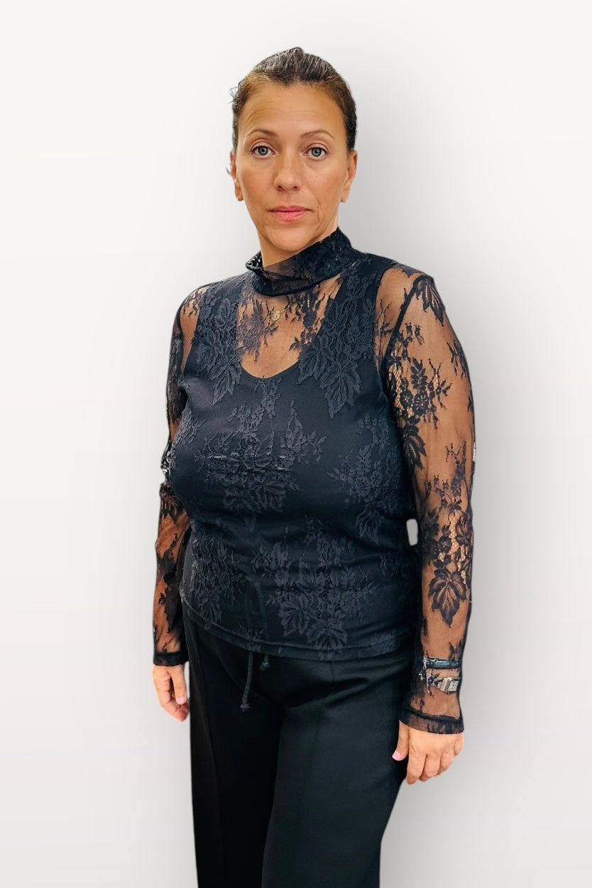 Figaro - Μπλούζα Δαντέλα με Μακρύ Μανίκι & Ψηλό Γιακά