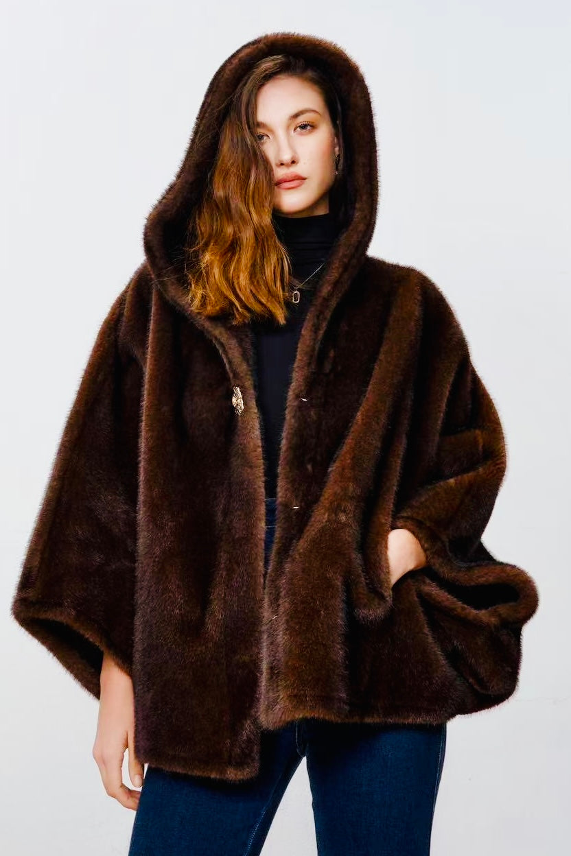 Charizma - Συνθετική Γούνα με Κουκούλα, Τσέπες σε Στυλ Κάπας Καφέ