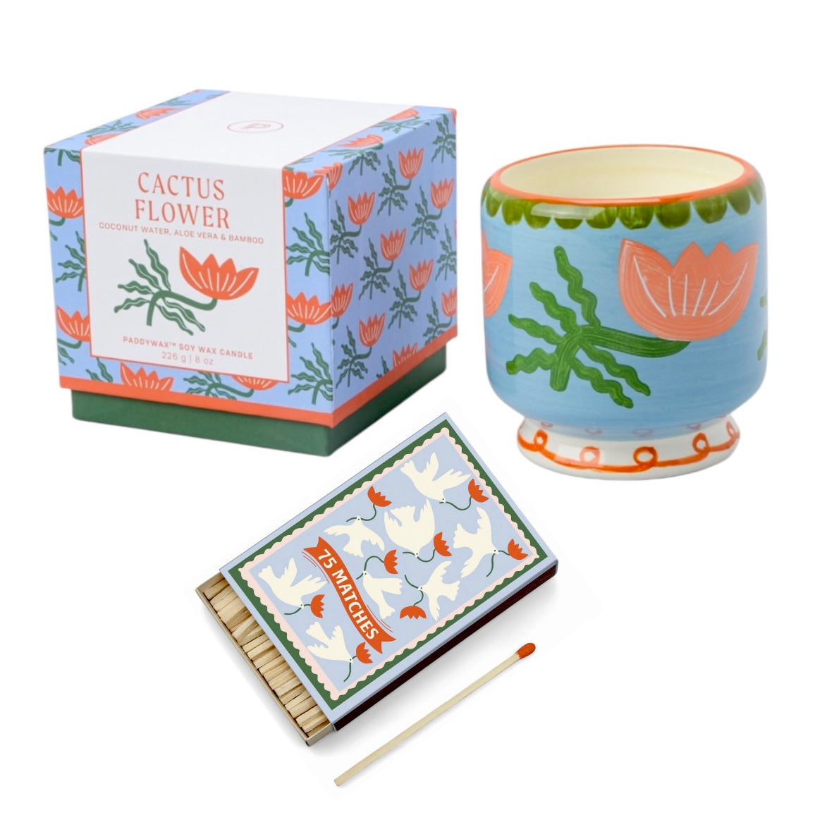 Paddywax A dopo Flower - Κεραμικό κερί σόγιας, Cactus Flower 226gr & Σπίρτα 75 τεμ