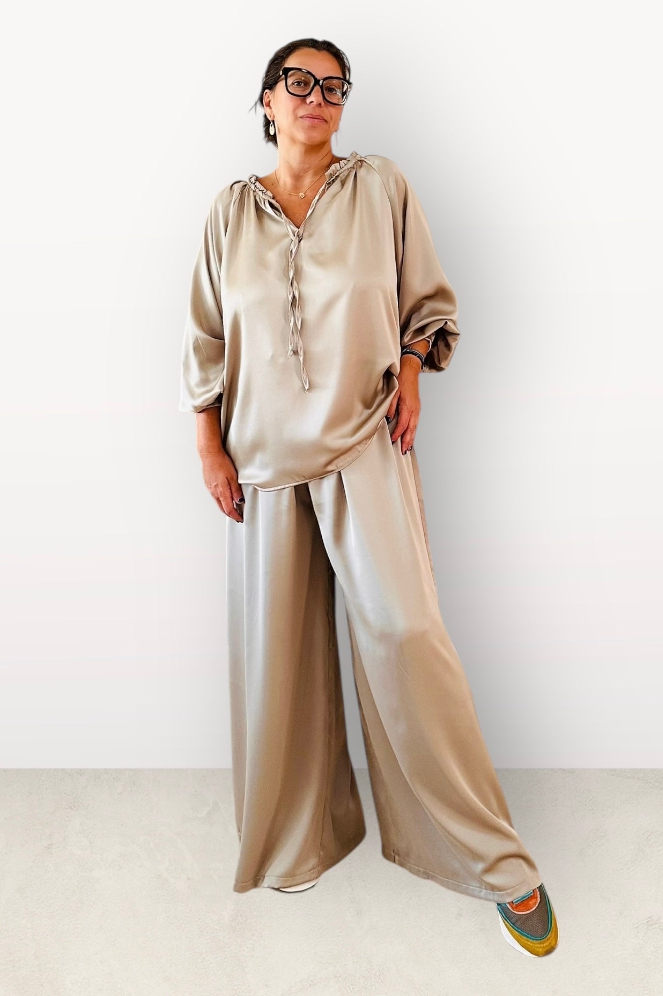 Charizma - Σετ Αέρινη Μπλουζα & Παντελόνα Σατέν Μπεζ