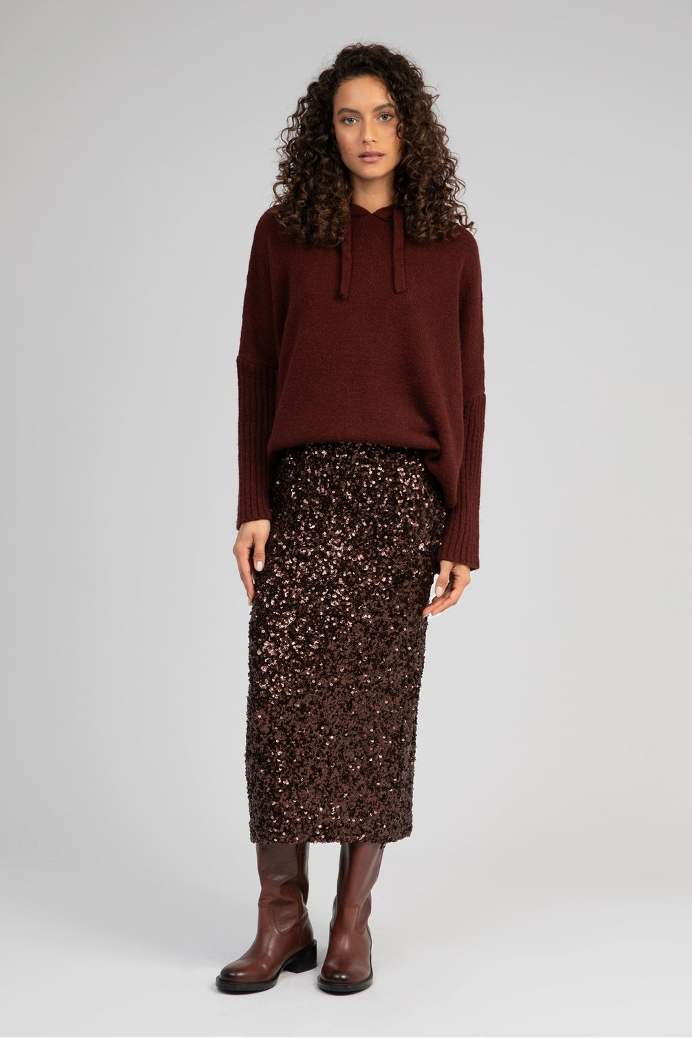 An'ge Juryly -Γυναικεία Φούστα με Πούλιες, Παγιέτες Καφέ