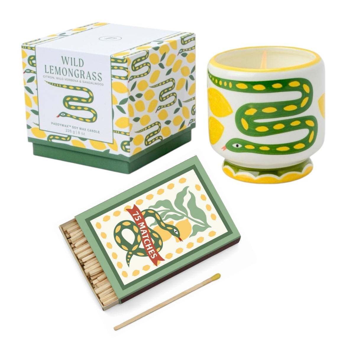 Paddywax A dopo Snake - Κεραμικό κερί σόγιας, Wild Lemongrass 226gr & Σπίρτα 75 τεμ