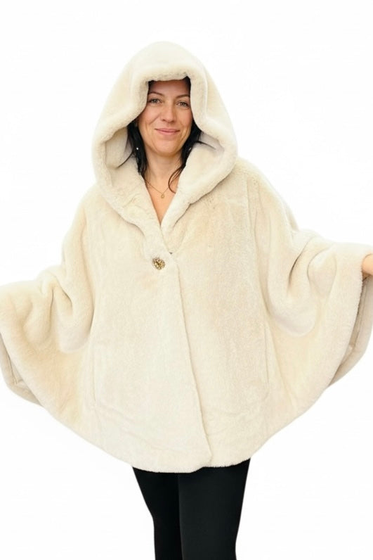 Charizma - Συνθετική Γούνα με Κουκούλα, Τσέπες σε Στυλ Κάπας Μπεζ
