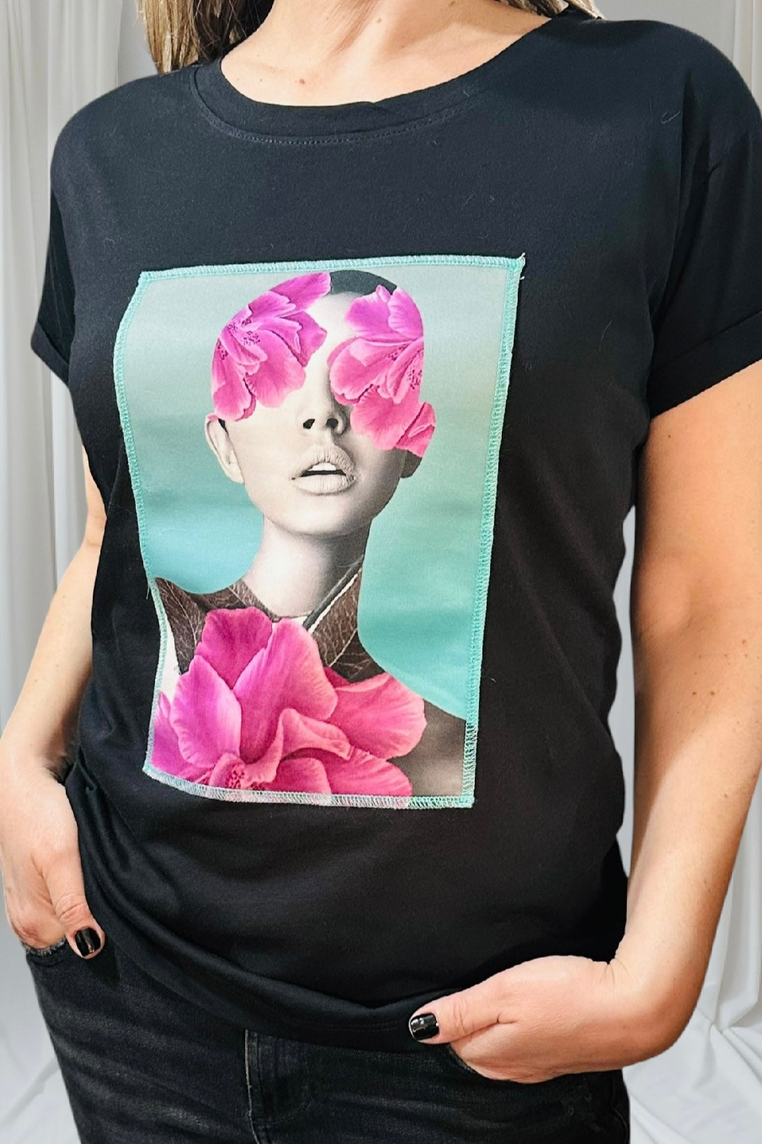 Ripped cotton T-shirt Μαύρο Βαμβακερό Με Εξώραφη Στάμπα Purple Flowers