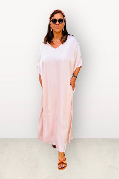 Σατέν Oversized Μακρύ Φόρεμα Με V  & Κοντό Μανίκι Ροζ