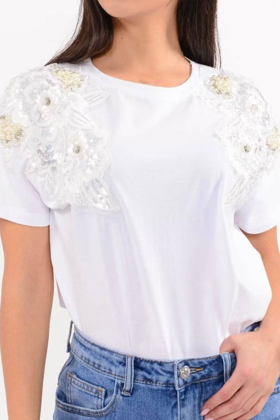 Charizma Μπλούζα T-shirt Κέντημα Στρας Λευκό