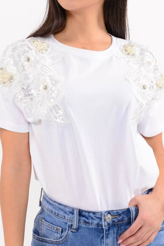 Charizma Μπλούζα T-shirt Κέντημα Στρας Λευκό