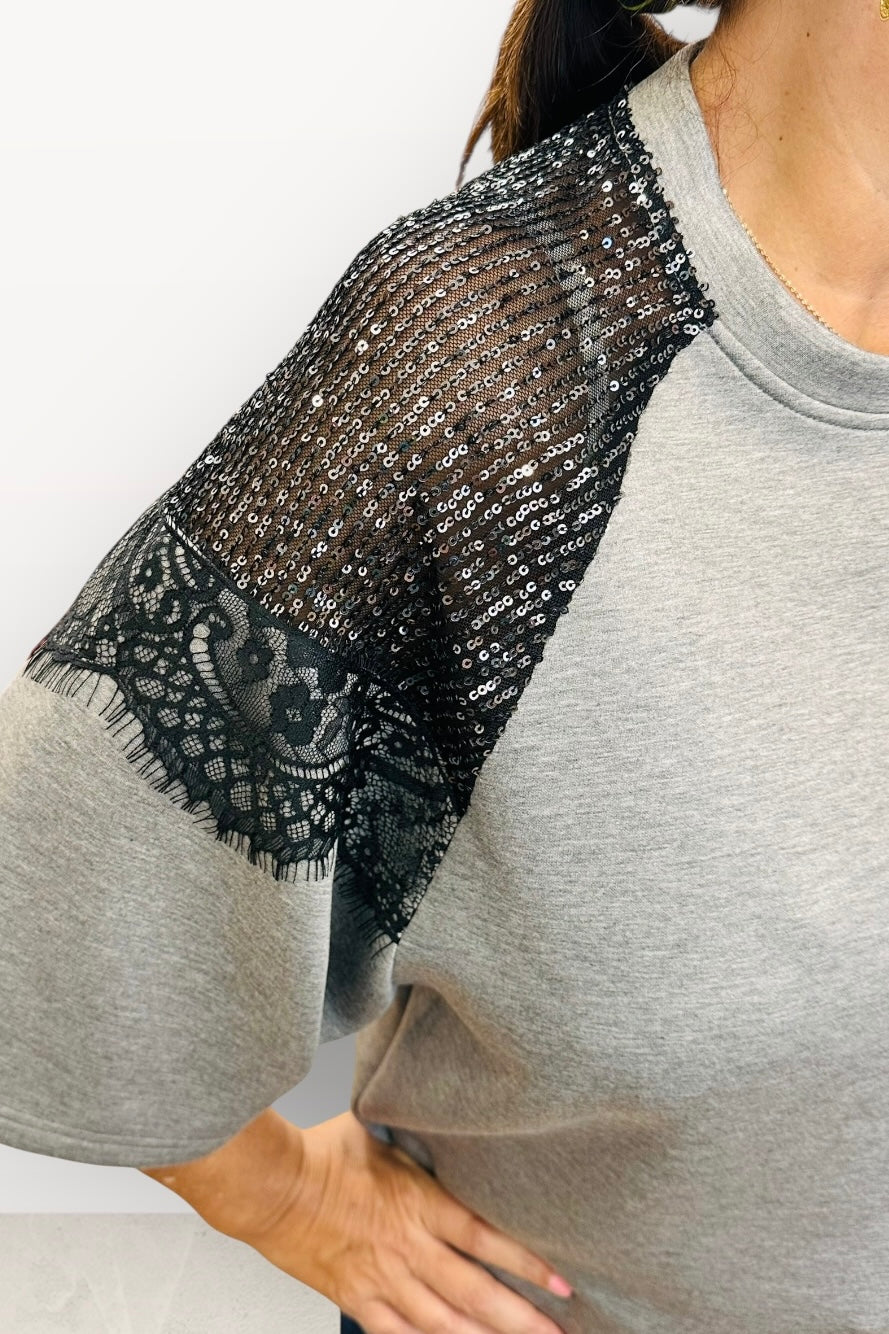 Figaro - Μπλούζα με Δαντέλα & Παγιέτα στους Ώμους Γκρι