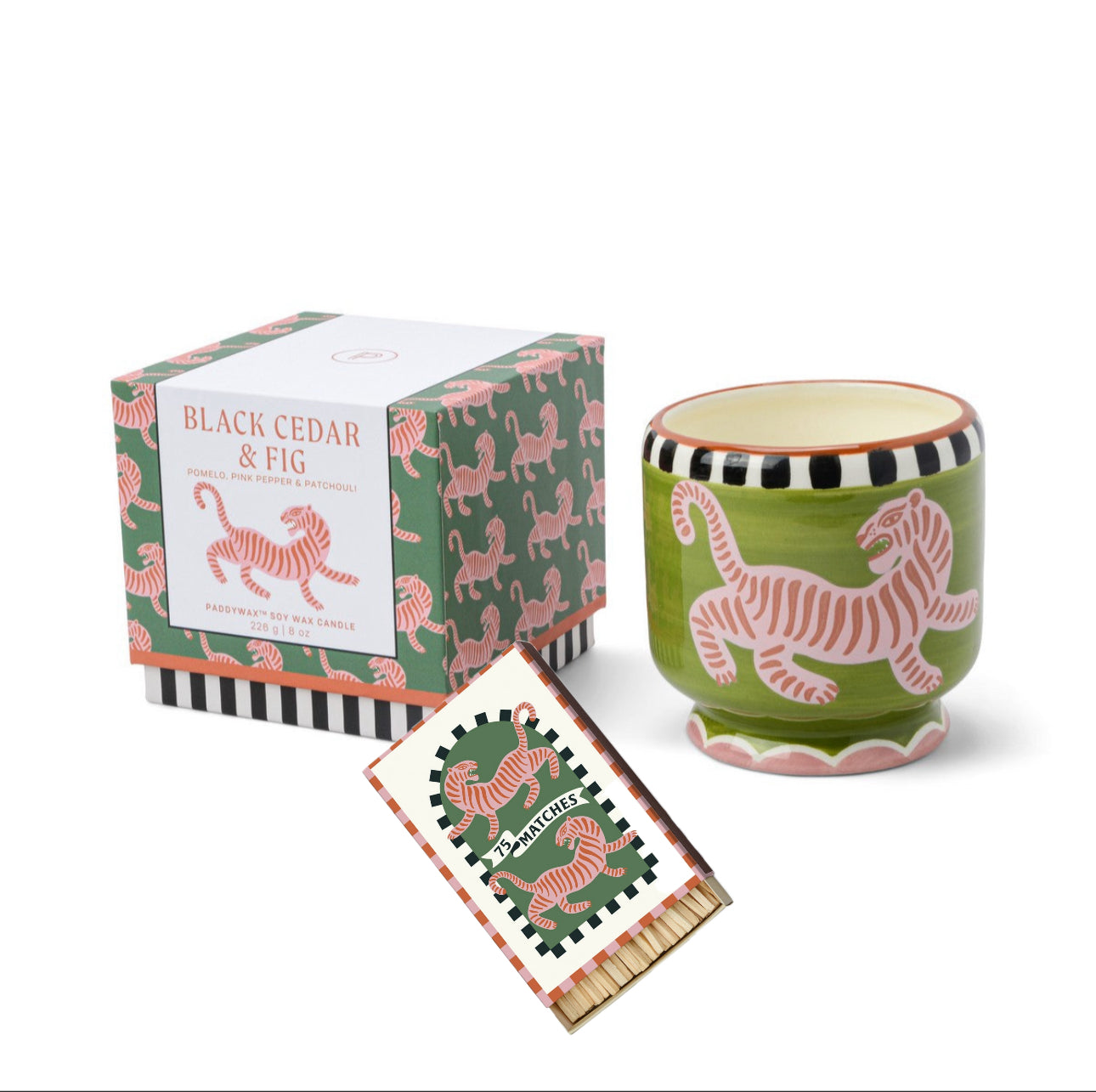 Paddywax A dopo Tiger - Κεραμικό κερί σόγιας, Black Cedar & Fig 226gr & Σπίρτα 75 τεμ