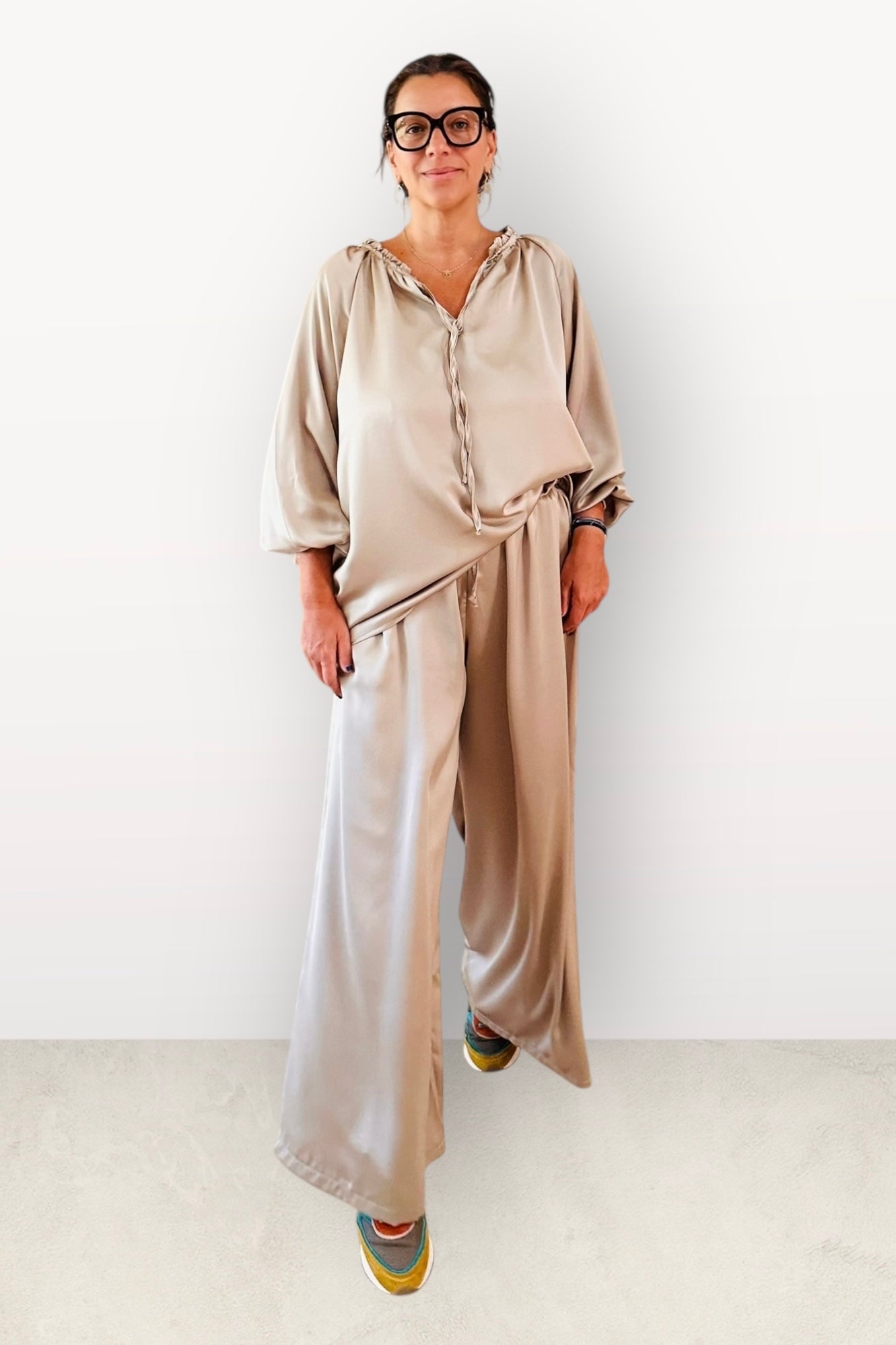 Charizma - Σετ Αέρινη Μπλουζα & Παντελόνα Σατέν Μπεζ