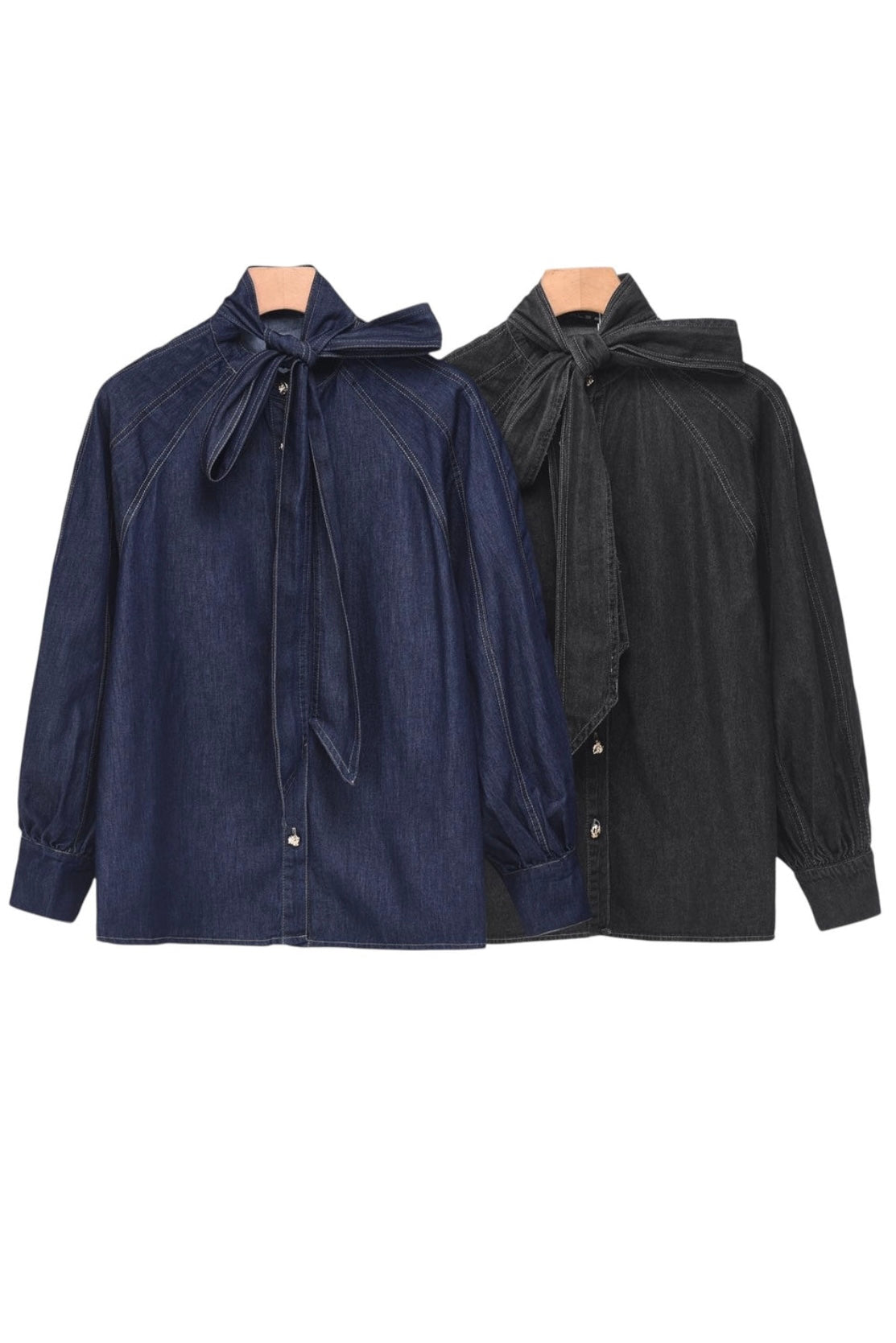 Charizma Τζιν Πουκάμισο με Φουσκωτά Μανίκια, Δέσιμο στον Λαιμό & Χρυσά Κουμπάκια