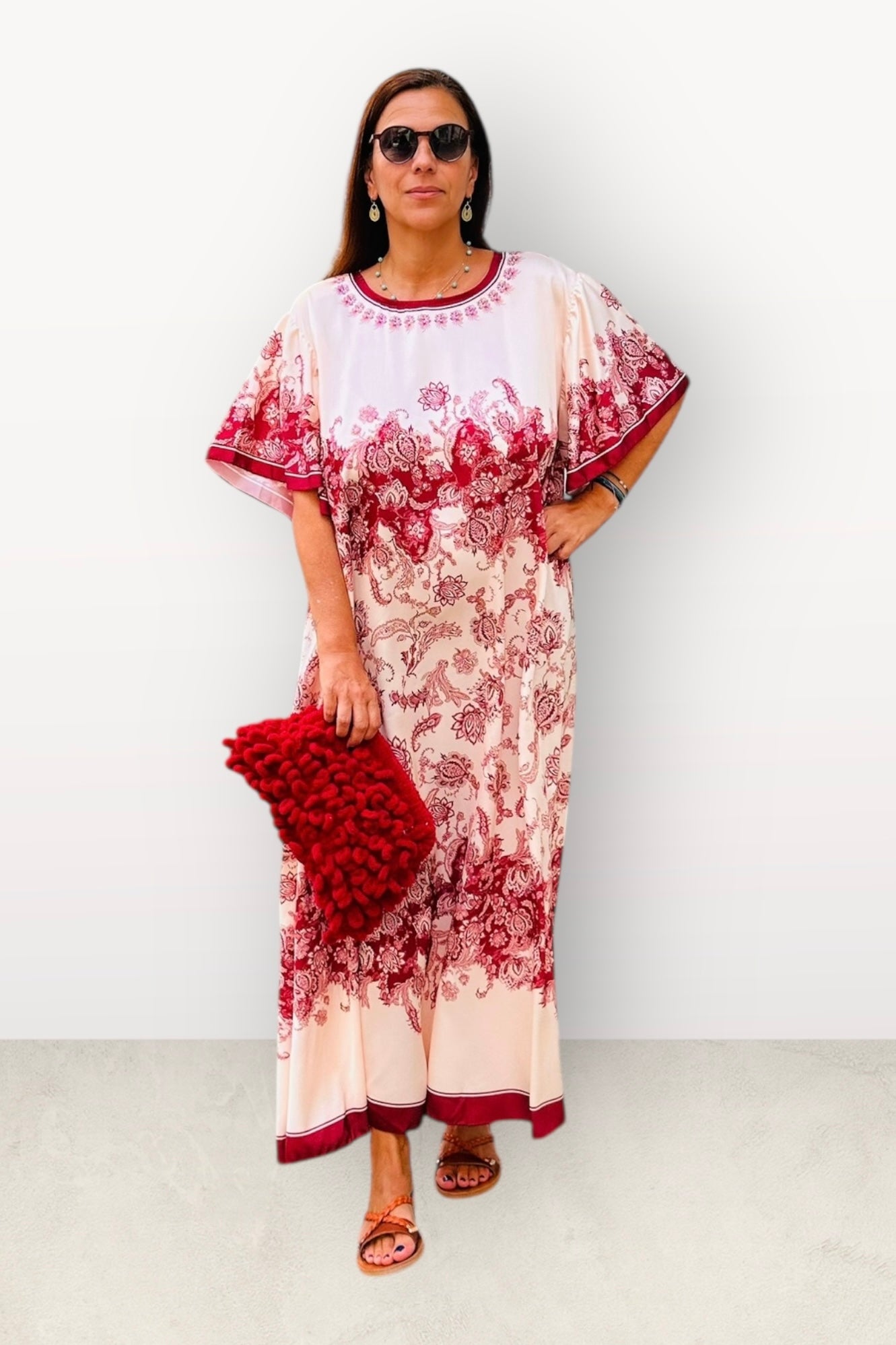 Σατέν Oversized Μακρύ Φόρεμα Με Λουλούδια & Κοντό Μανίκι