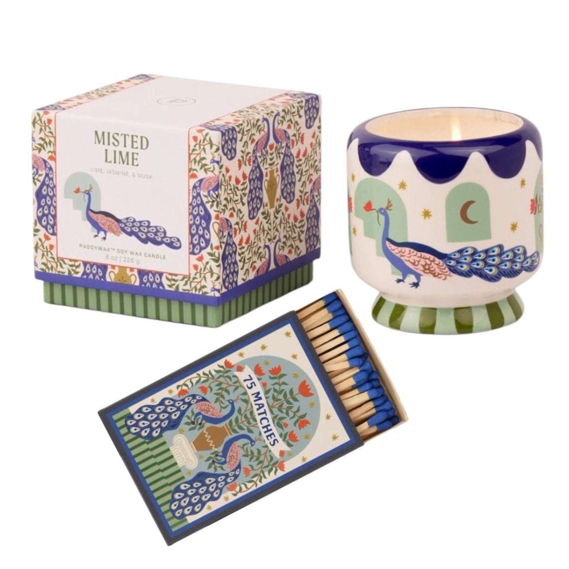 Paddywax A dopo Peacock -Κεραμικό κερί σόγιας, Misted Lime 226gr & Σπίρτα 75 τεμ