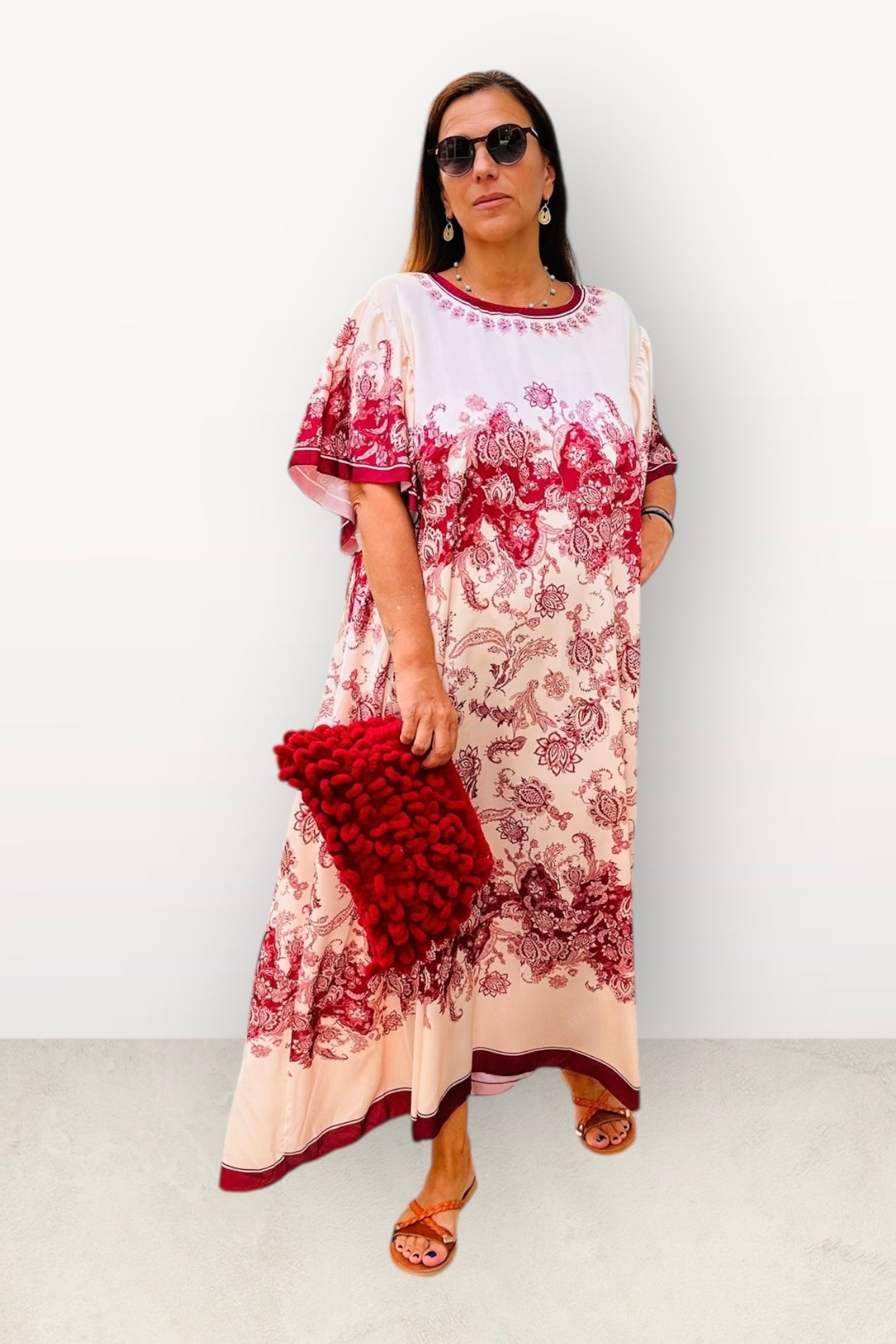 Σατέν Oversized Μακρύ Φόρεμα Με Λουλούδια & Κοντό Μανίκι