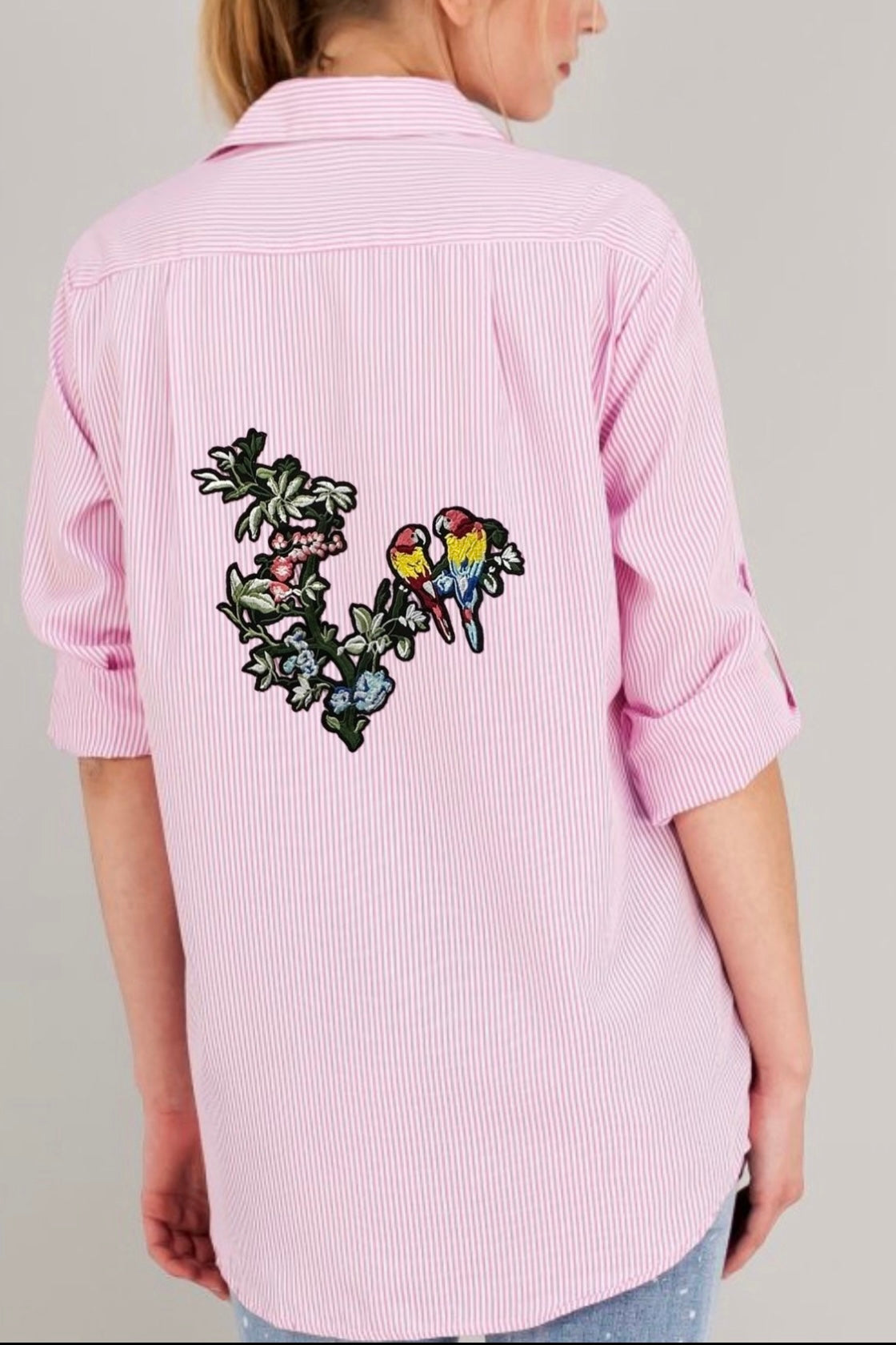 ANLYTA - Πουκάμισο Ροζ Ριγέ Oversized Με Κέντημα στη Πλάτη